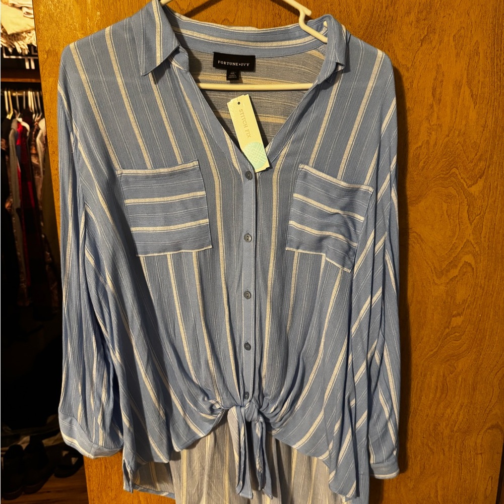 Blue and White Button Down Shirt with Notched Collar and Tie Front